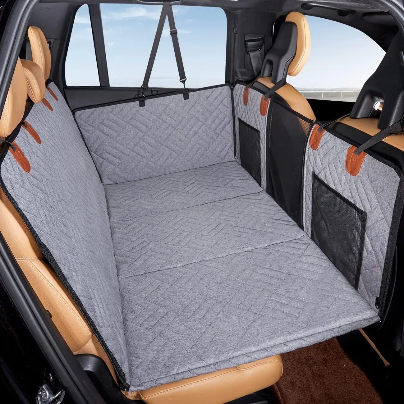 Durable dog car hammock for back seat, featuring universal fit, easy installation, and upholstery protection, providing a comfortable travel space for pets. 0